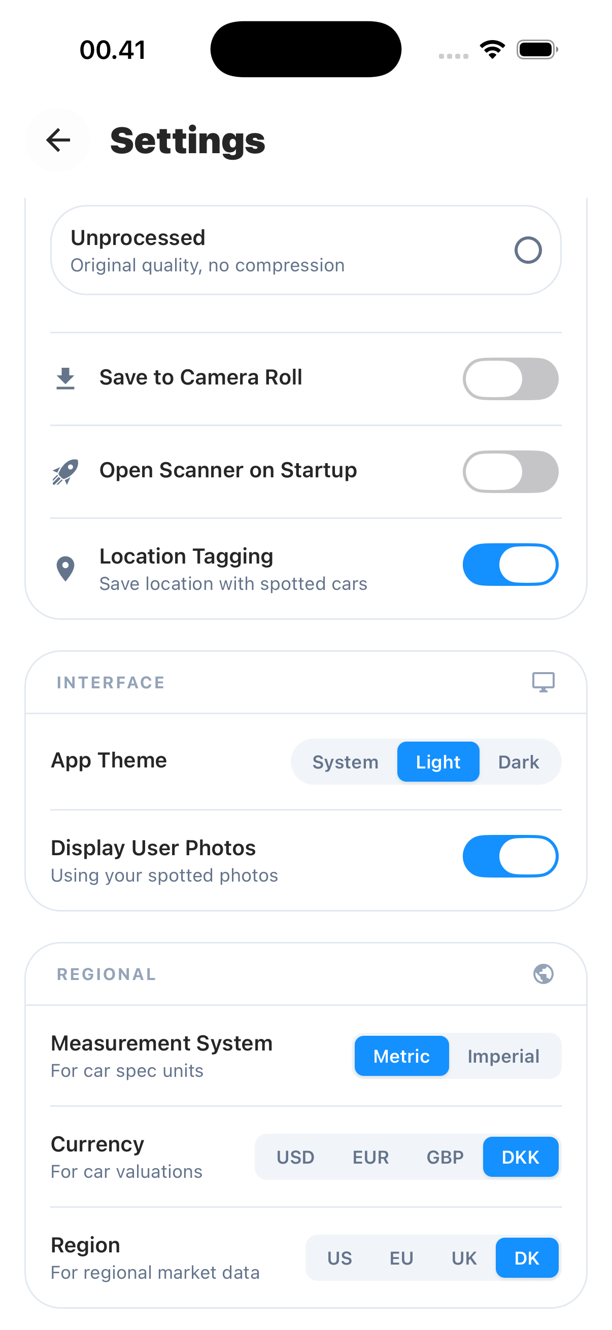 Customisation settings
